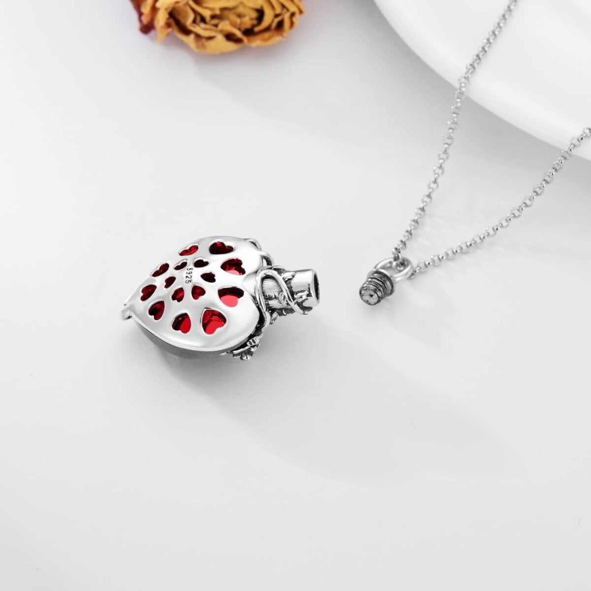 Collana con urna per cremazione in argento sterling con cuore rosso e cristallo rosa per ceneri da donna-4