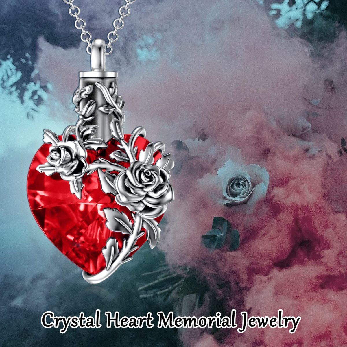 Collana con urna per cremazione in argento sterling con cuore rosso e cristallo rosa per ceneri da donna-6