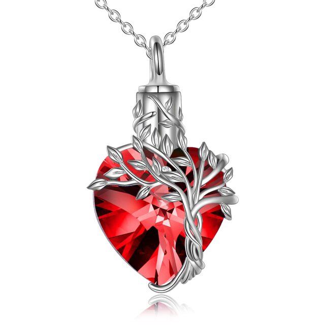 Sterling Silver Red Heart Crystal Tree Of Life Cremation Urn Necklace for Ashes for Women-1