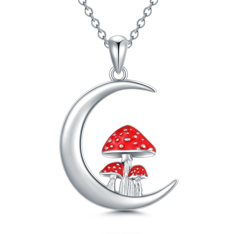 Sterling Silver Red Mushroom & Moon Pendant Necklace-8