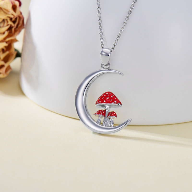 Sterling Silver Red Mushroom & Moon Pendant Necklace-3