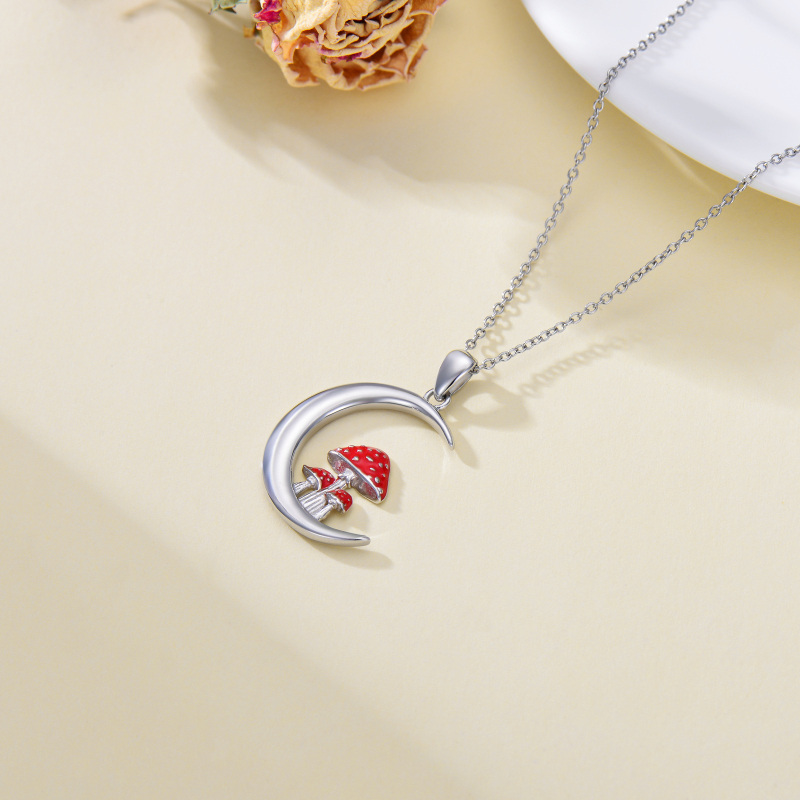 Sterling Silver Red Mushroom & Moon Pendant Necklace-4