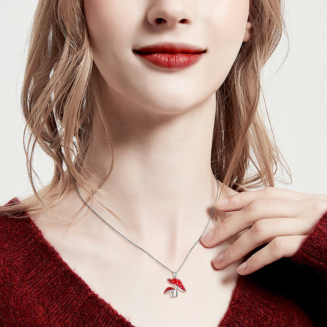 Sterling Silver Red Mushroom Pendant Necklace-2