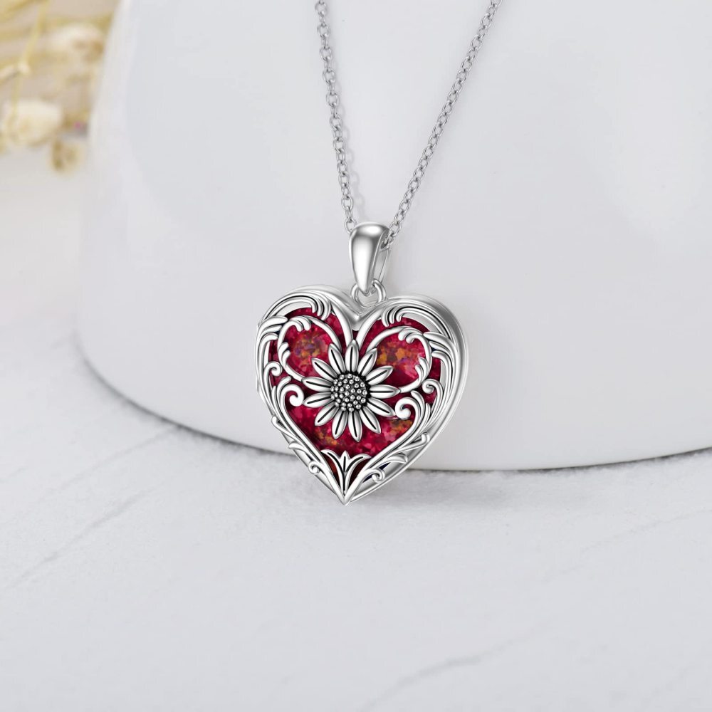 Sterling Silber rot Opal Sonnenblume & Herz personalisierte Gravur Foto Medaillon Halskette-3