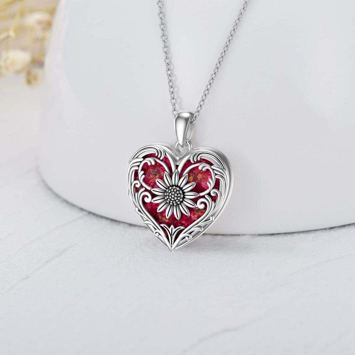 Sterling Silver Red Opal Sunflower & Heart Personalized Engraving Photo Locket Necklace-3