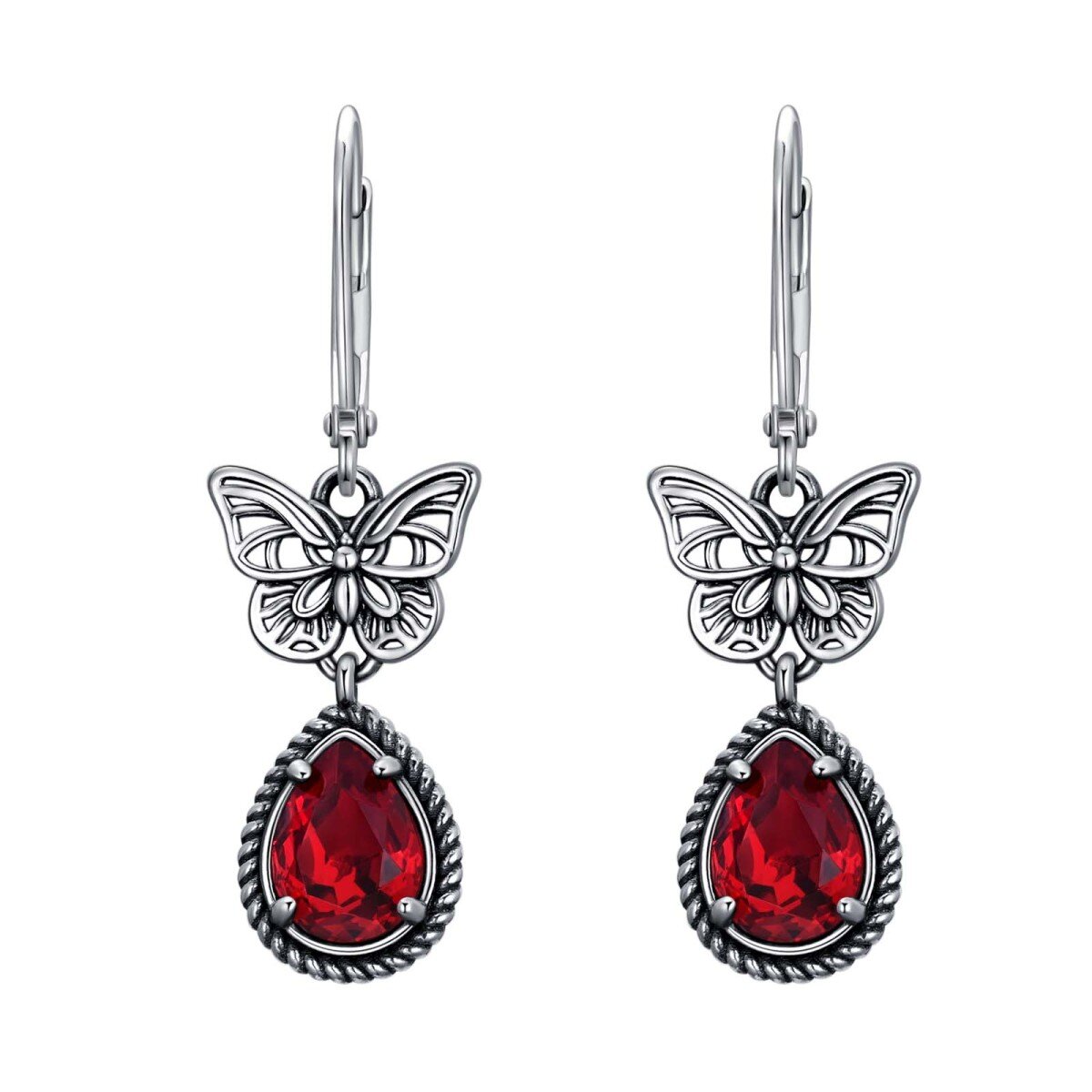 Sterling Silver Red Pear Crystal Butterfly Lever-back Earrings for Women-1