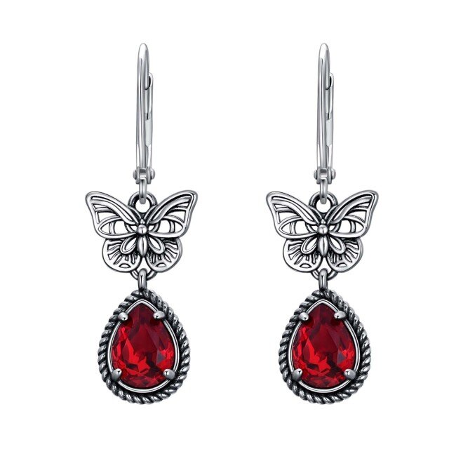 Orecchini a leva con farfalla in cristallo rosso a pera in argento sterling per donna-1