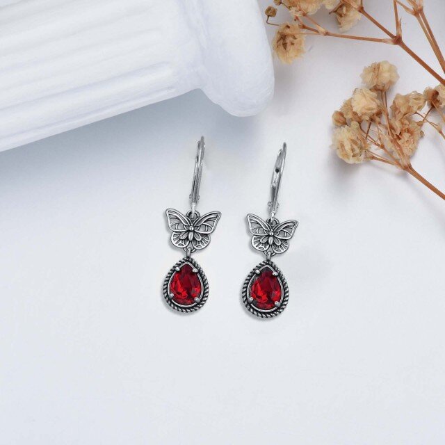 Sterling Silver Red Pear Crystal Butterfly Lever-back Earrings for Women-3