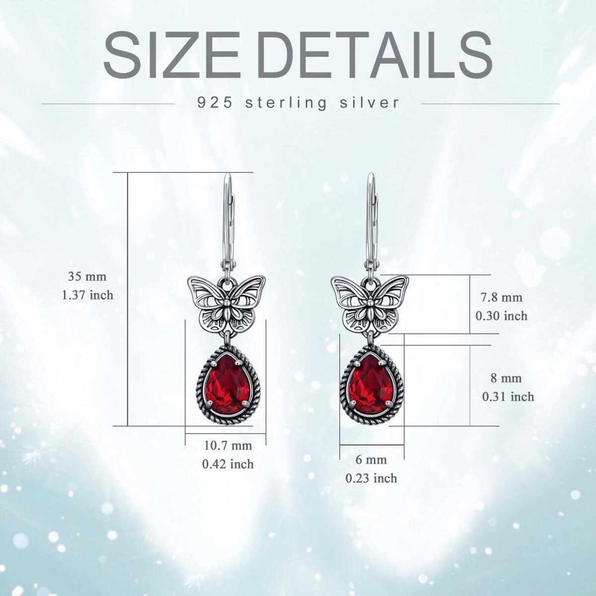 Sterling Silver Red Pear Crystal Butterfly Lever-back Earrings for Women-5