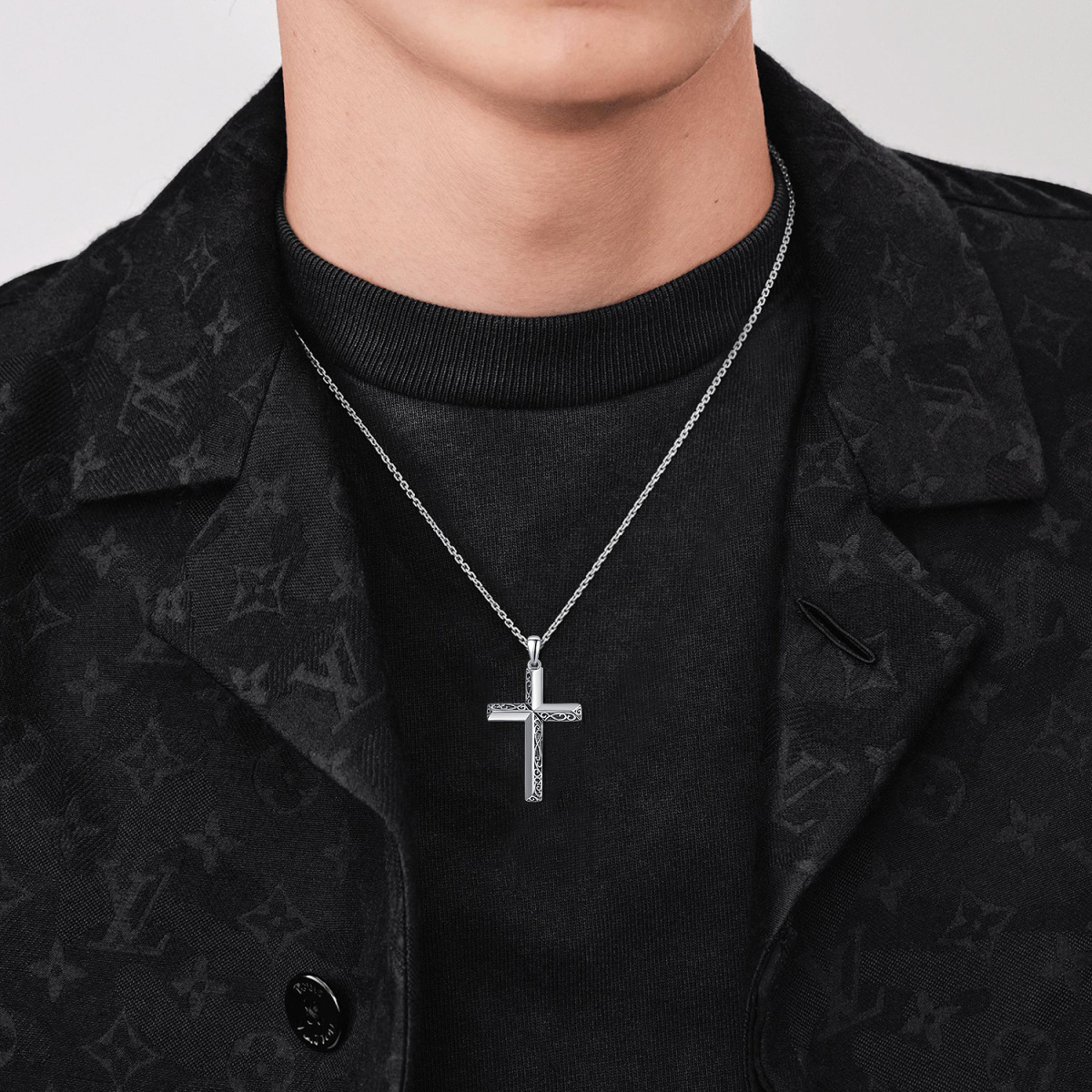 Sterling Silver Retro Cross Pendant Necklace for Women Men-3