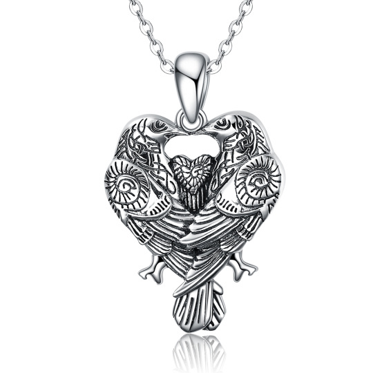 Sterling Silver Retro Two Owls Heart Pendant Necklace for Women