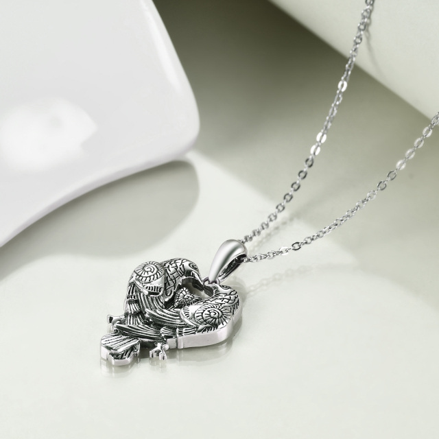 Collana con ciondolo a forma di cuore con due gufi retrò in argento sterling per donna-3