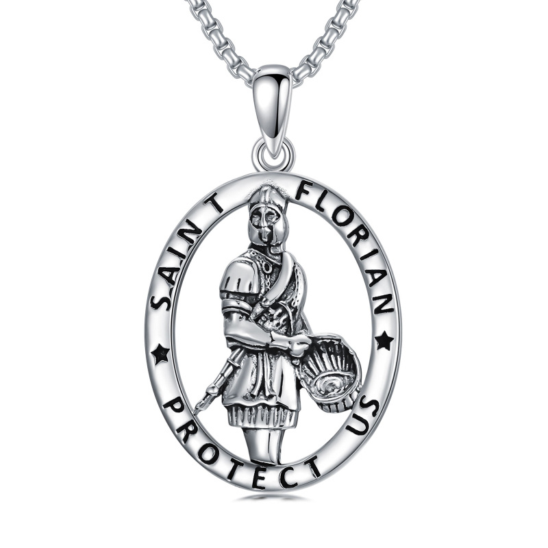 Sterling Silver Retro Saint Florian Pendant Necklace with Engraved Word-2