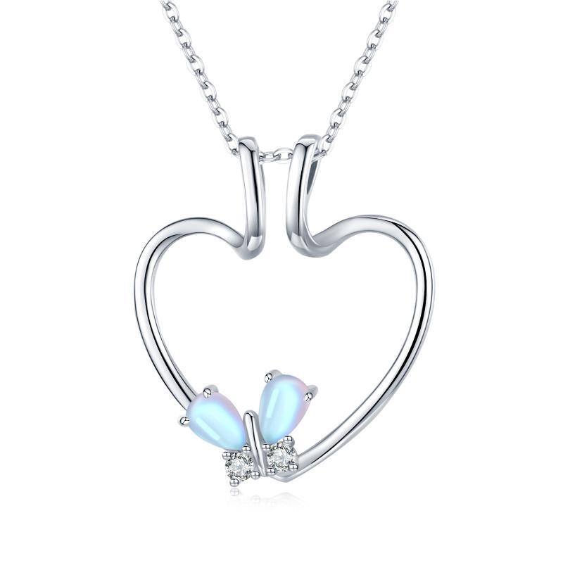 Collar con colgante de corazón y mariposa de piedra lunar en plata de ley-1