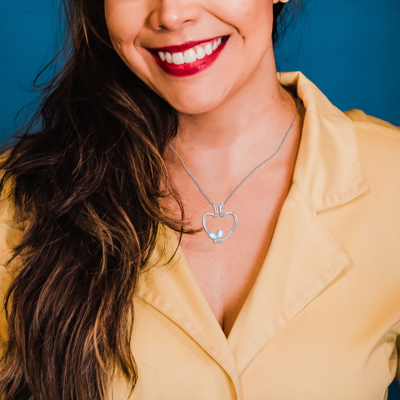 Sterling Silver Moonstone Butterfly & Heart Pendant Necklace-2