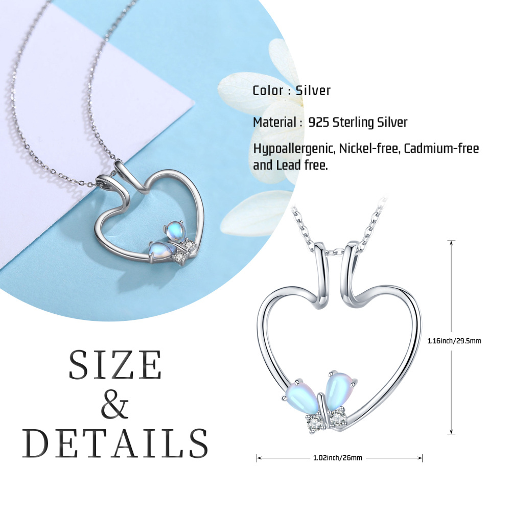 Collar con colgante de corazón y mariposa de piedra lunar en plata de ley-6