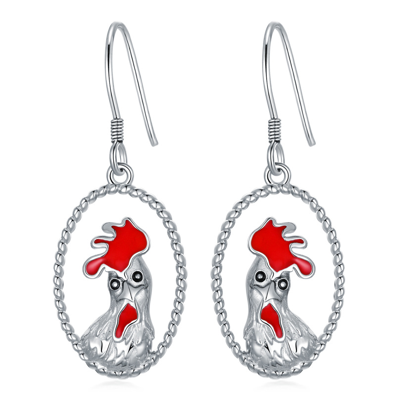 Sterling Silver Rooster Drop Earrings-1