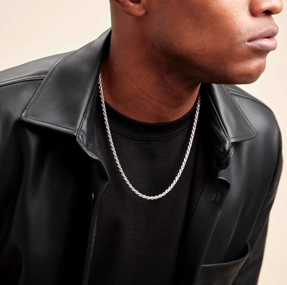 Collar de cadena de cuerda de plata esterlina para hombre de 2 mm-2
