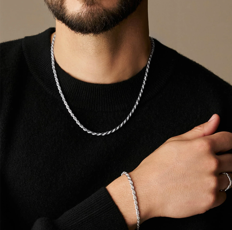 Collar de cadena de cuerda de plata esterlina para hombre de 2 mm-3