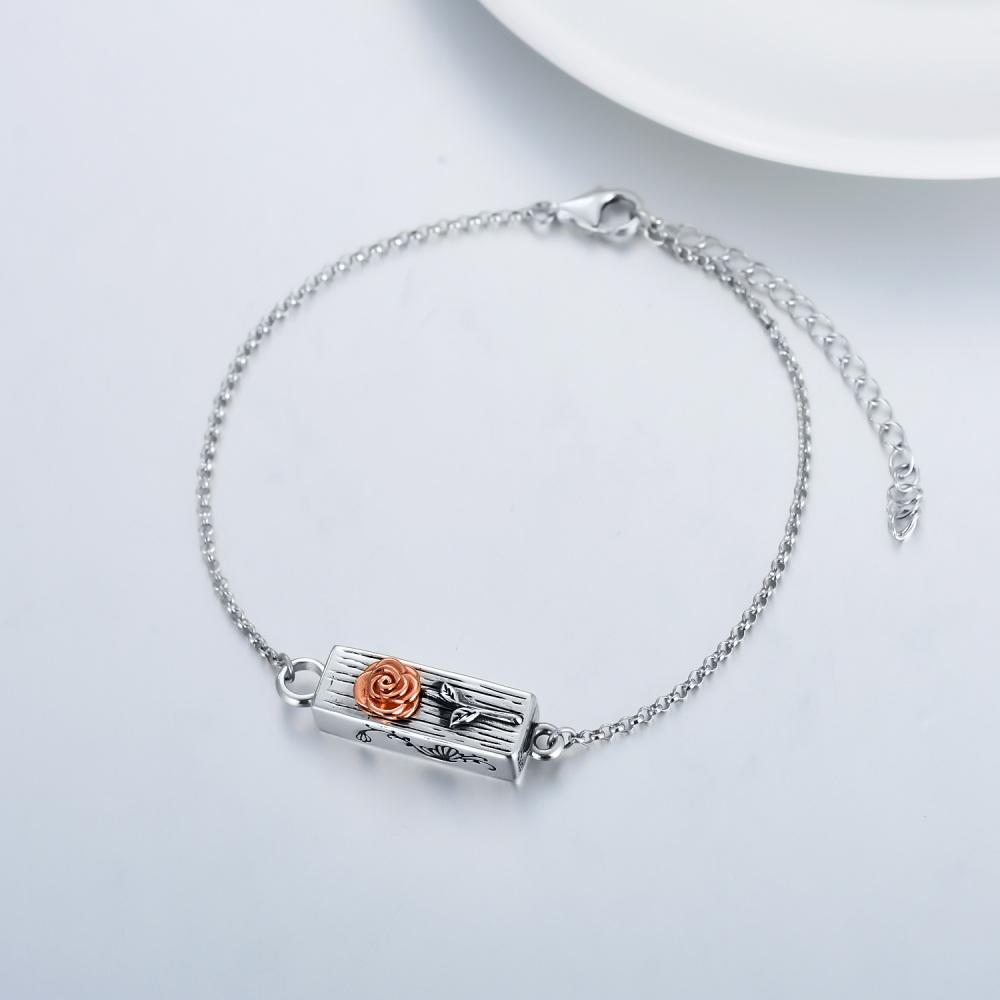 Sterling Silver Rose & Bar Urn Bracelet for Ashes with Engraved Word-3