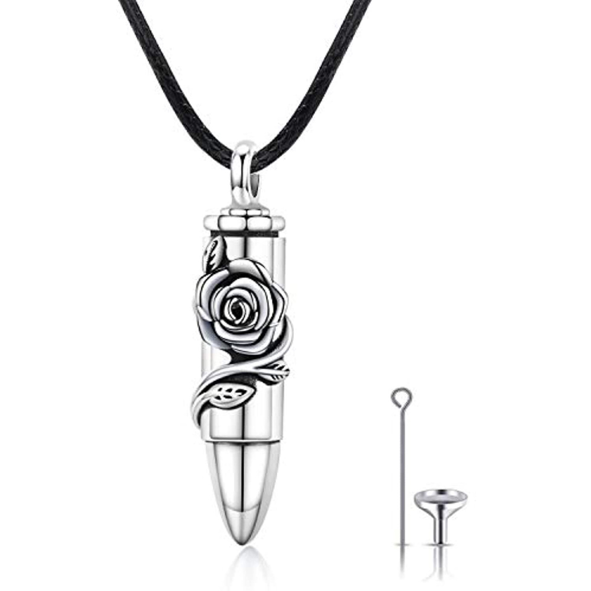 Sterling Silver Rose & Bullet Urn Necklace for Ashes-1