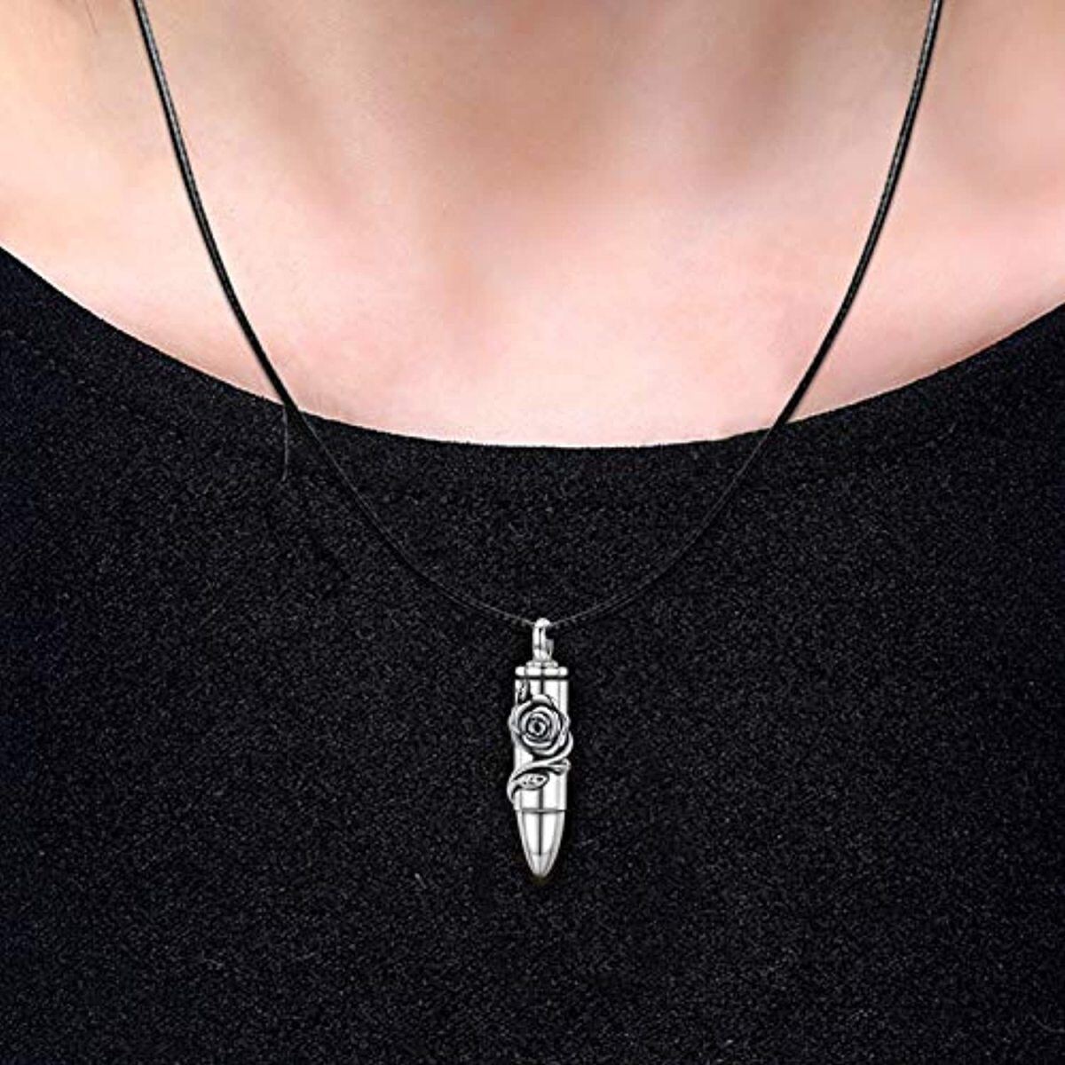 Sterling Silver Rose & Bullet Urn Necklace for Ashes-2