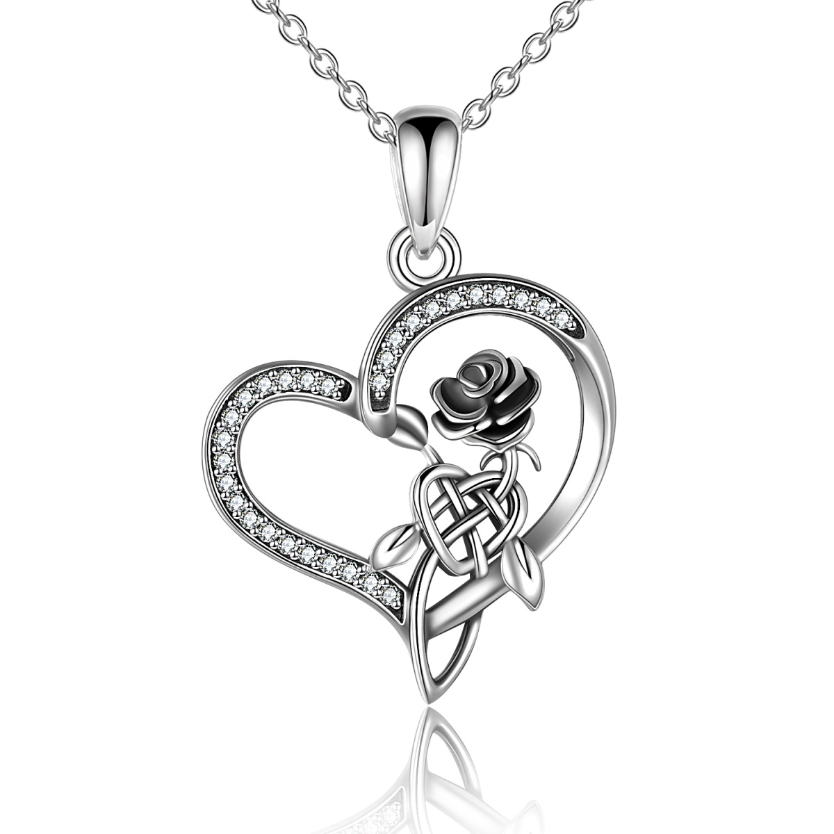 Collier avec pendentif cœur en argent sterling, zircone cubique, rose et nœud celtique pour femme-1