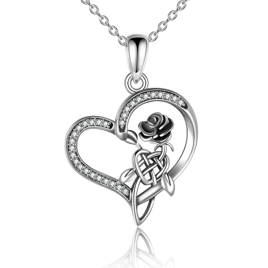 Collier avec pendentif cœur en argent sterling, zircone cubique, rose et nœud celtique pour femme