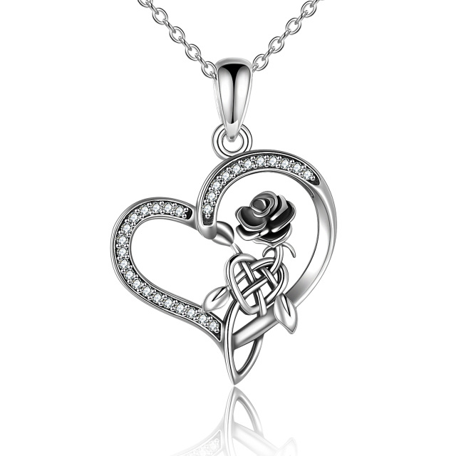 Sterling Silver Cubic Zirconia Rose & Celtic Knot & Heart Pendant Necklace-4