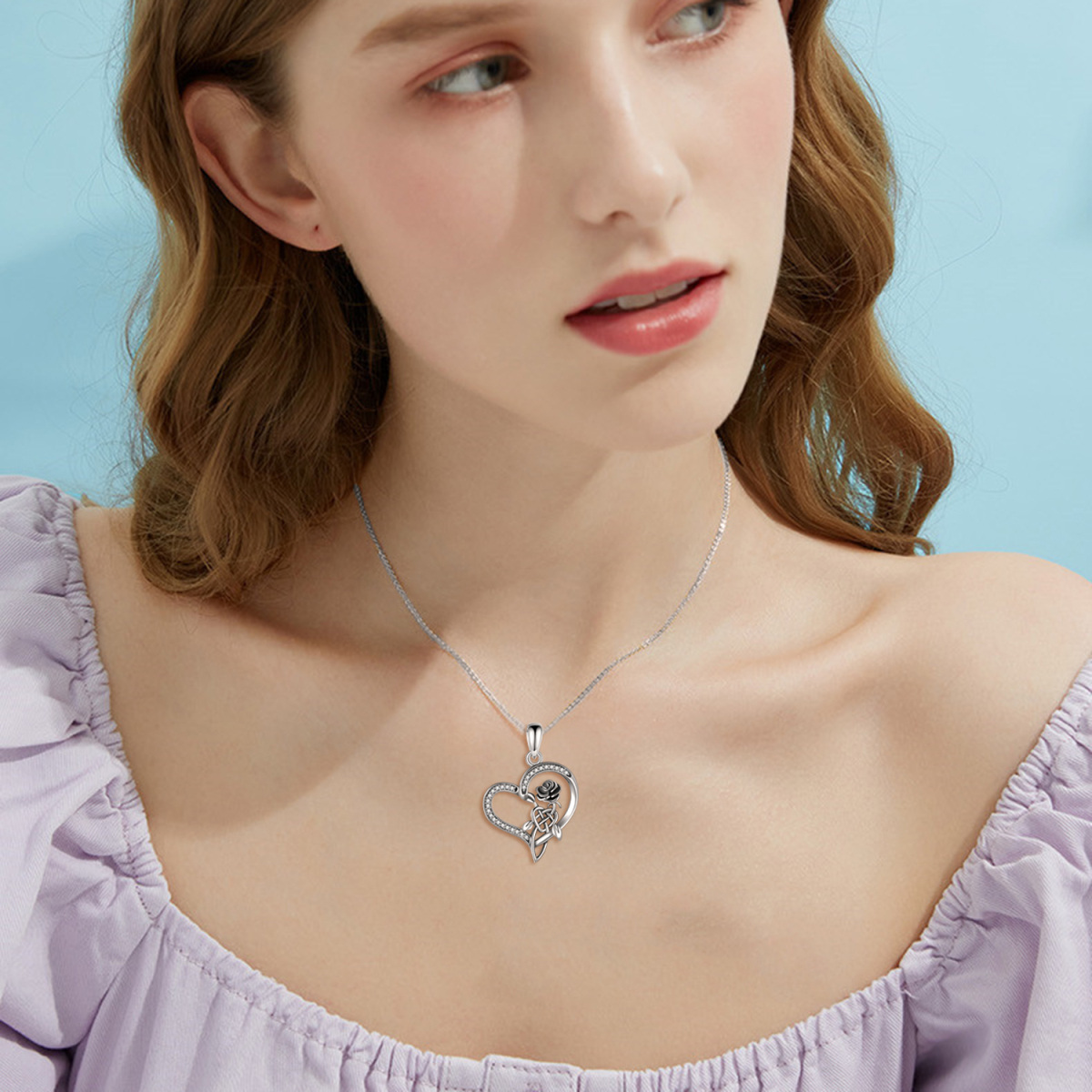 Collier avec pendentif cœur en argent sterling, zircone cubique, rose et nœud celtique pour femme-2