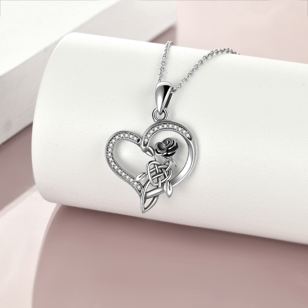 Collar con colgante de plata de ley con forma de corazón, circonita cúbica, rosa y nudo celta para mujer-3