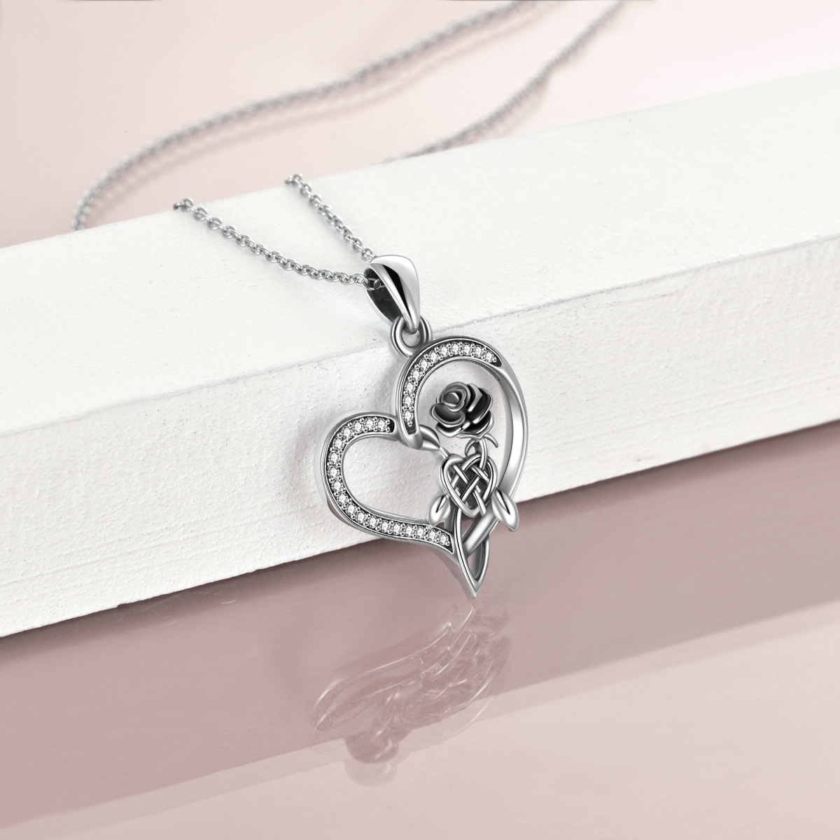 Sterling Silver Heart Cubic Zirconia Rose & Celtic Knot Pendant Necklace For Women-4