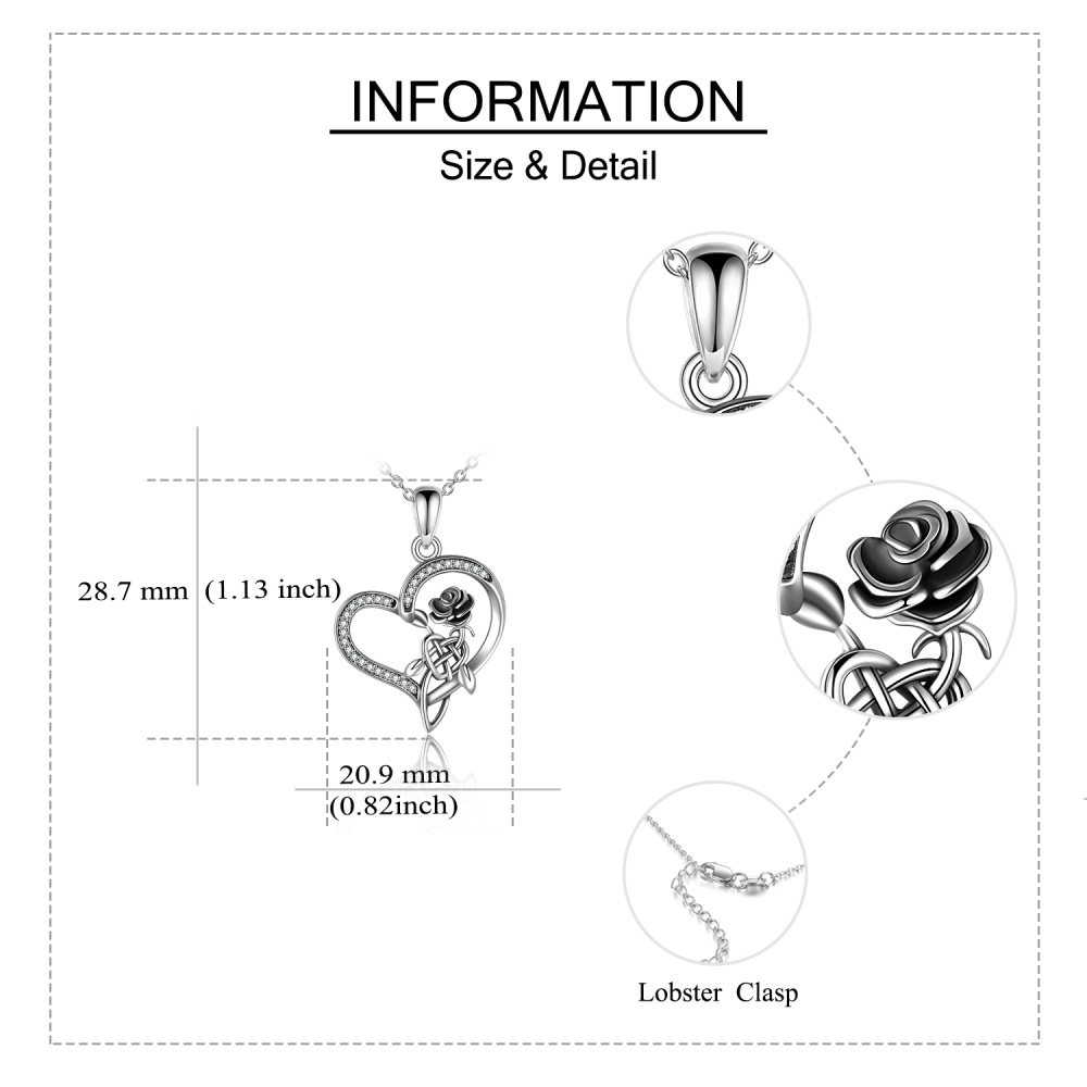 Collar con colgante de plata de ley con forma de corazón, circonita cúbica, rosa y nudo celta para mujer-5