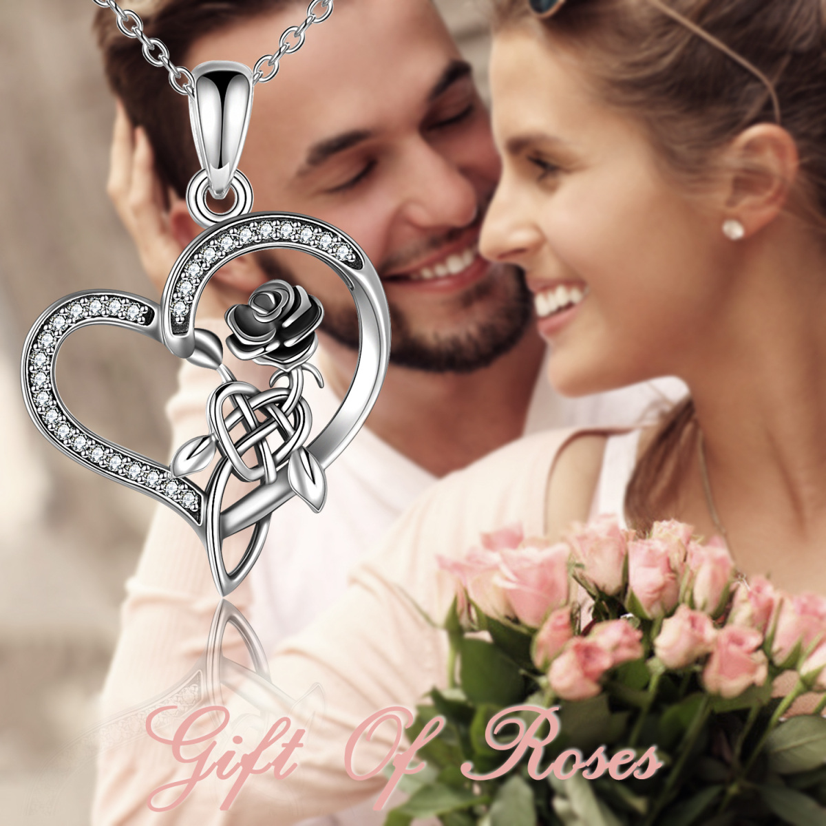 Collar con colgante de plata de ley con forma de corazón, circonita cúbica, rosa y nudo celta para mujer-6