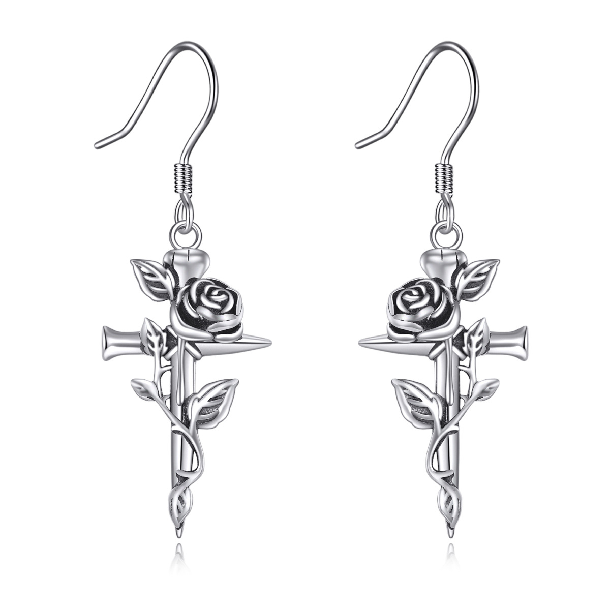 Sterling Silver Rose & Cross Drop Earrings-1