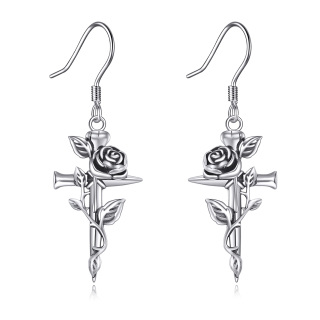 Sterling Silver Rose & Cross Drop Earrings-26