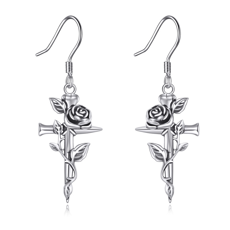 Sterling Silver Rose & Cross Drop Earrings-6