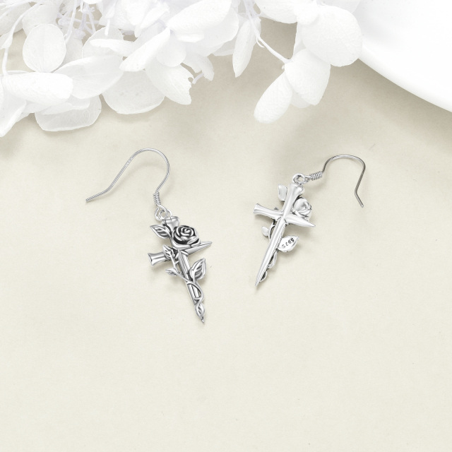 Sterling Silver Rose & Cross Drop Earrings-3