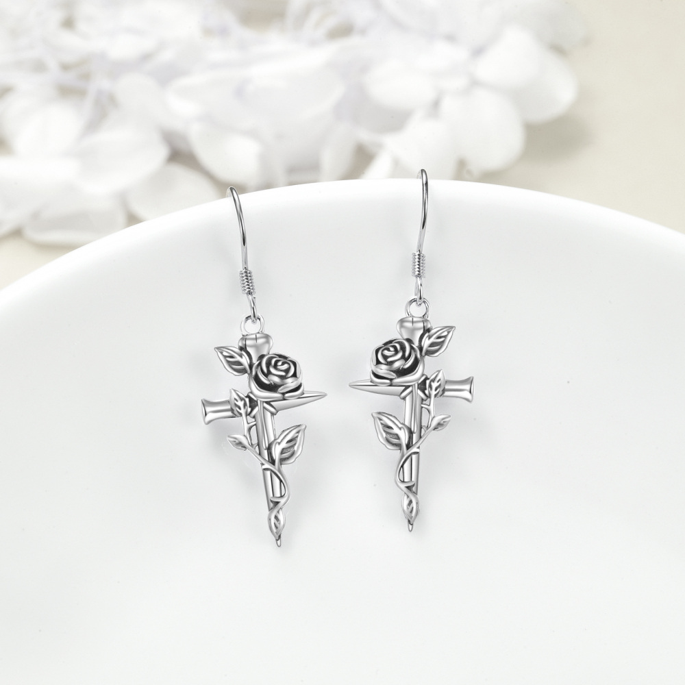 Sterling Silver Rose & Cross Drop Earrings-4