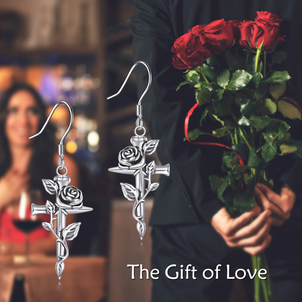 Sterling Silver Rose & Cross Drop Earrings-6