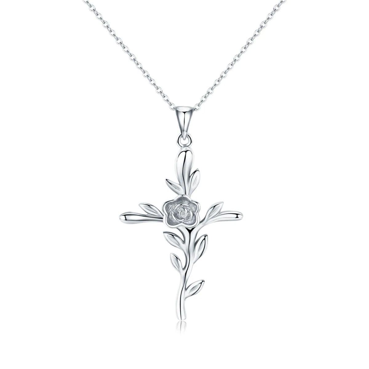 Sterling Silver Rose & Cross Pendant Necklace-1