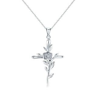 Sterling Silver Rose & Cross Pendant Necklace-28