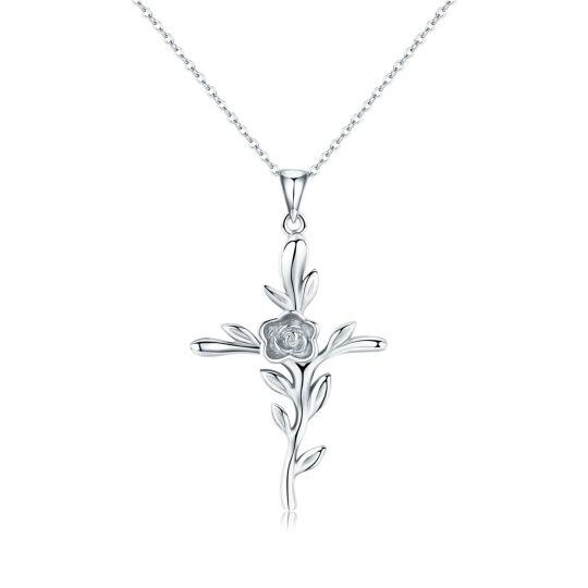 Collier en argent sterling avec pendentif rose et croix