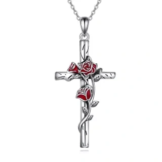 Sterling Silver Rose & Cross Pendant Necklace-15