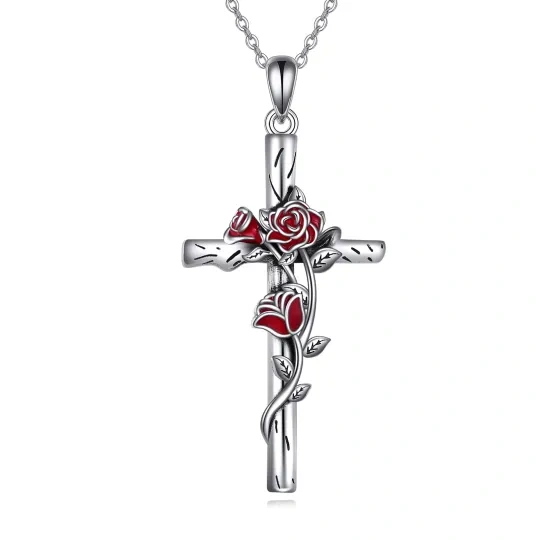 Collier en argent sterling avec pendentif rose et croix