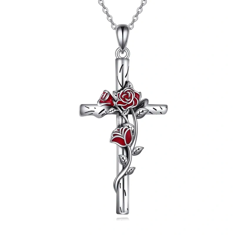 Sterling Silver Rose & Cross Pendant Necklace-2