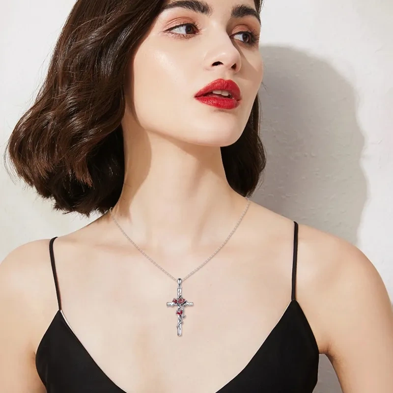 Sterling zilveren roos en kruis hanger ketting-2