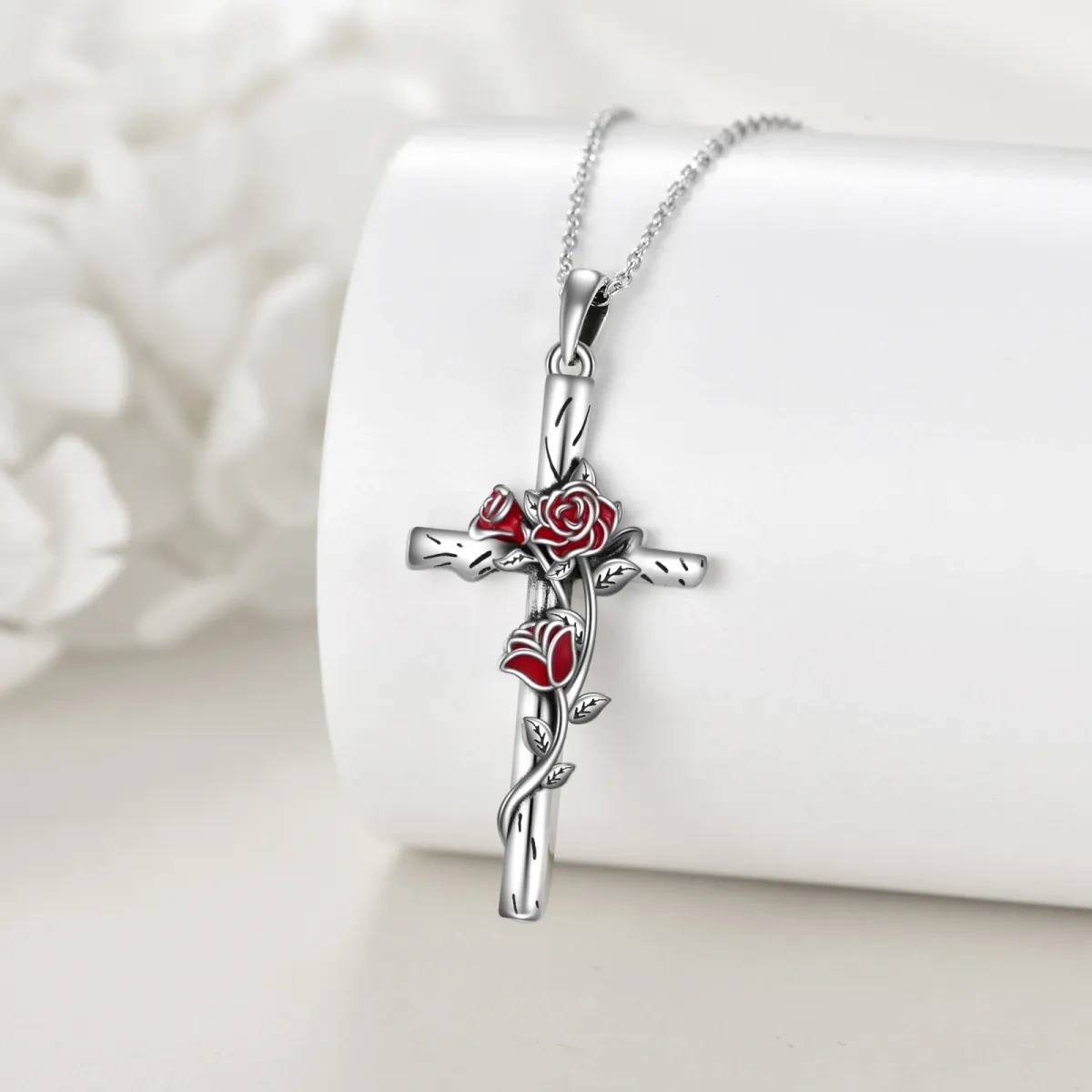 Sterling Silver Rose & Cross Pendant Necklace-3