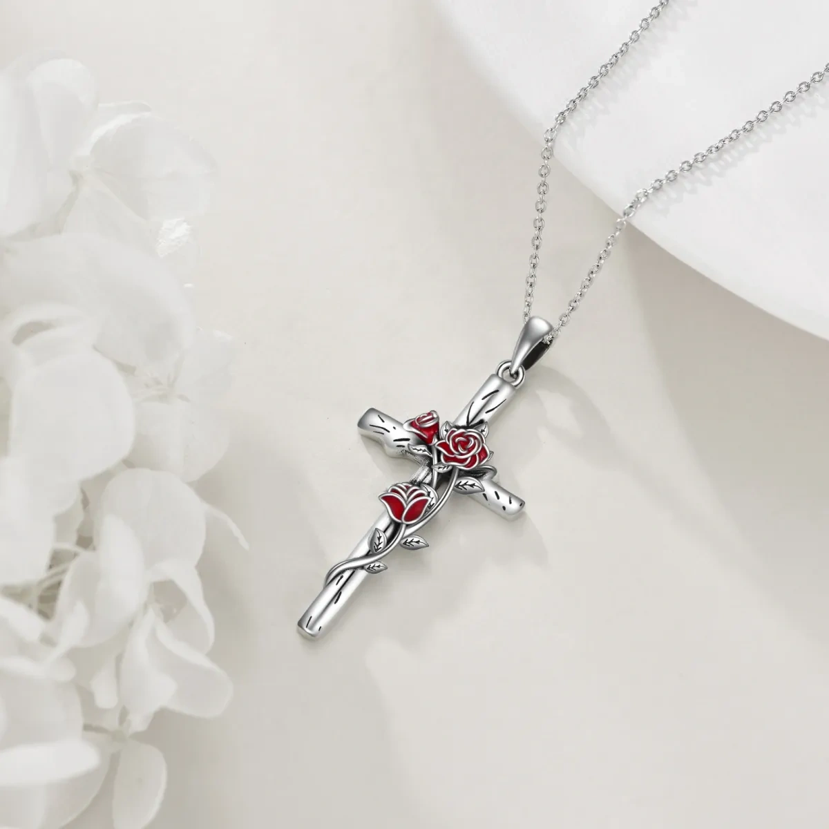 Sterling Silver Rose & Cross Pendant Necklace-4