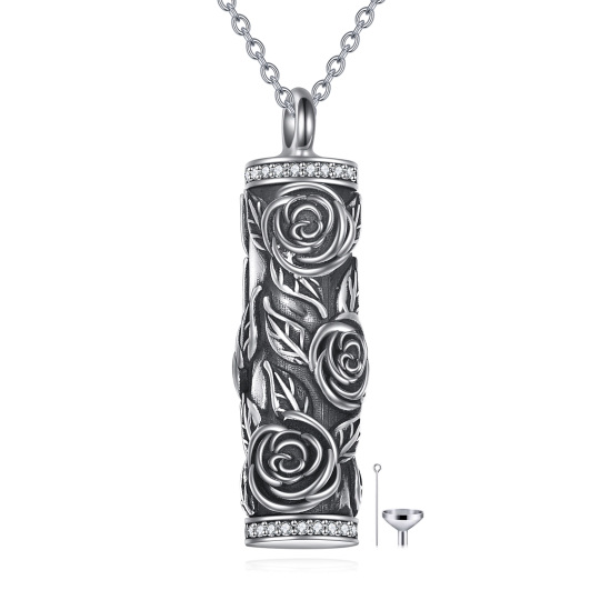 Sterling Silver Rose Cylindrical Urn Necklace for Ashes